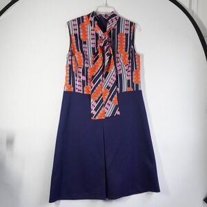 VTG Ciro Creation Mod Geometric Tie Neck Sleeveless Shift Dress Navy Orange M